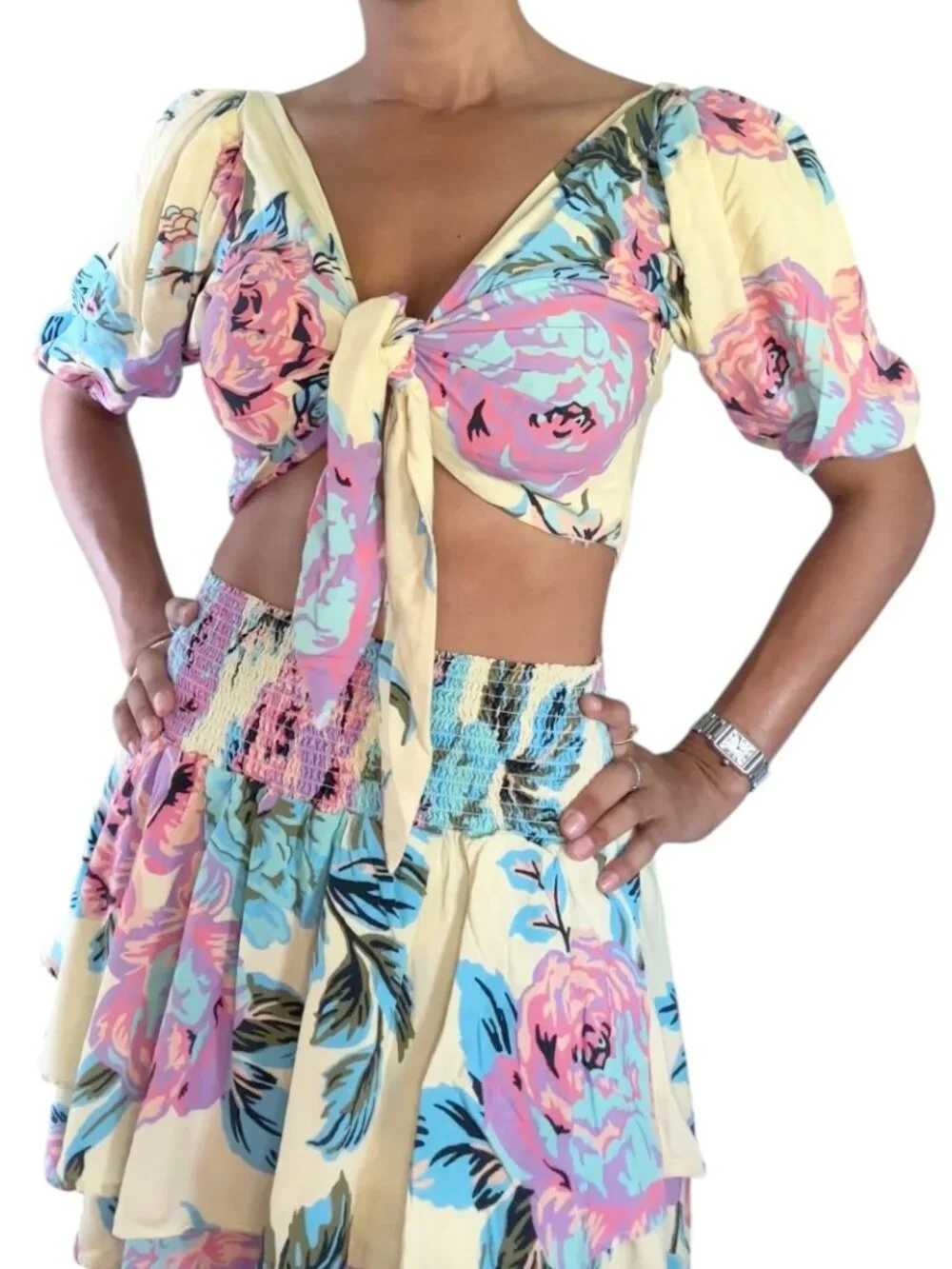 Maaji Two Piece Set Matching Top Skirt Cream Blue Floral Print, Size M